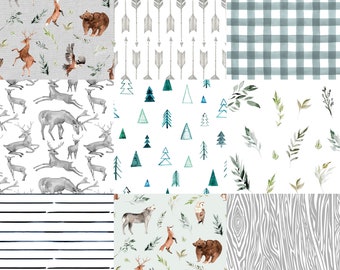 Boho Woodland Cheater Quilt Fabric by the Yard Forest, Woods, Baby Boy Nursery Bedding, Deer. Quilting Cotton, Organic Knit, Jersey or Minky