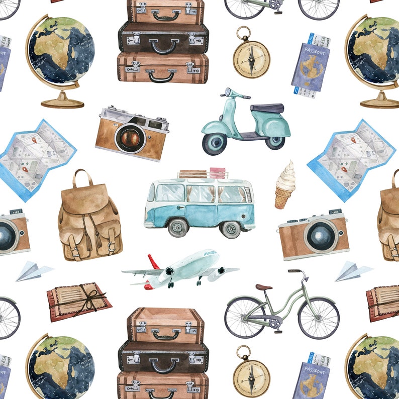 Travel Adventures Fabric by the Yard. Summer Fabric, Road Trip, Airplane. Quilting Cotton, Poplin, Organic Knit, Minky, Home Decor. afbeelding 1