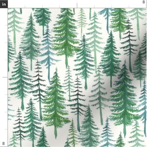 May include: A seamless pattern featuring watercolor illustrations of green pine trees on a white background. The trees are various shades of green and blue, creating a woodland scene.