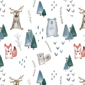 Woodland Creatures Fabric by the Yard. Quilting Cotton, Knit, Jersey or Minky. Gender Neutral, Forest, Woodland Nursery, Bear, Fox, Moose