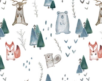 Woodland Creatures Fabric by the Yard. Quilting Cotton, Knit, Jersey or Minky. Gender Neutral, Forest, Woodland Nursery, Bear, Fox, Moose