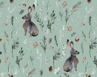 Woodland Bunny Fabric - Easter Bunnies, Animal, Rabbit, Floral - Quilting Cotton, Poplin, Organic Knit, Minky, Fleece Fabric by the Yard