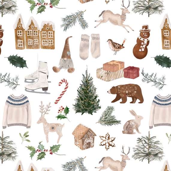 Christmas Fabric by the Yard. Quilting Cotton, Organic Knit, Jersey or  Minky. Xmas Winter Gnome Woodland Ice Skating Gingerbread Nordic 