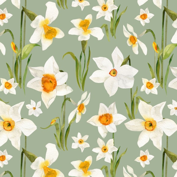 Daffodil Garden Floral Fabric by the Yard. Quilting Cotton, Poplin, Organic Knit, Minky, Home Decor. Watercolor Florals Daffodils, Spring