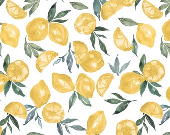 Lemon Fabric by the Yard. Quilting Cotton, Organic Knit, Minky, Cotton Twill. Watercolor Lemons, Summer Fruit Fabric, Citrus