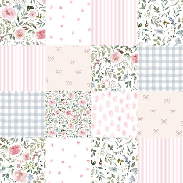 Heirloom Floral Cheater Quilt Fabric by the Yard. Blush and Sage, Dainty, Flowers, Bows. Quilting Cotton, Sateen, Minky, Fleece.