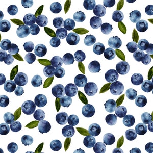 Wild Blueberries Fabric by the Yard. Quilting Cotton, Sateen, Organic Knit, Jersey, Home Decor. Watercolor Blueberry, Fruit, Summer Fabric