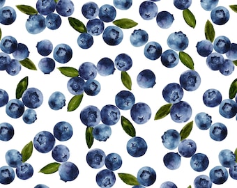 Wild Blueberries Fabric by the Yard. Quilting Cotton, Sateen, Organic Knit, Jersey, Home Decor. Watercolor Blueberry, Fruit, Summer Fabric