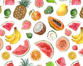 Tela de frutas tropicales cortada a medida. Piña, papaya, sandía, plátano y coco. Algodón para acolchado, popelina, tejido orgánico y decoración del hogar.