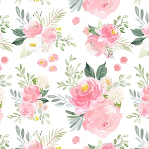 Blushing Floral Blooms Fabric by the Yard. Quilting Cotton, Organic Knit, Jersey or Minky. Girl Nursery, Pink, Watercolor Floral, Flowers