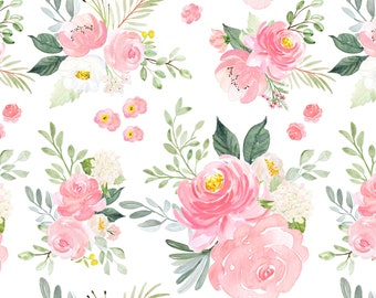 Blushing Floral Blooms Fabric by the Yard. Quilting Cotton, Organic Knit, Jersey or Minky. Girl Nursery, Pink, Watercolor Floral, Flowers