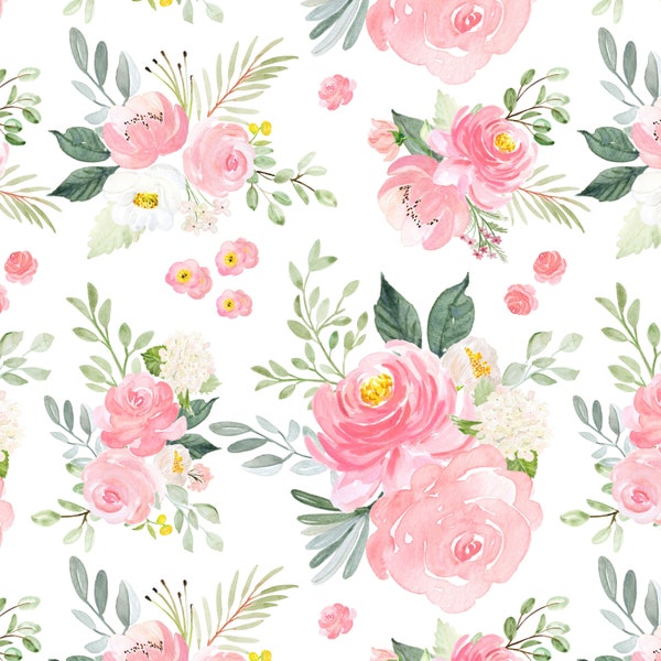 Blushing Floral Blooms Fabric by the Yard. Quilting Cotton, Organic Knit, Jersey or Minky. Girl Nursery, Pink, Watercolor Floral, Flowers