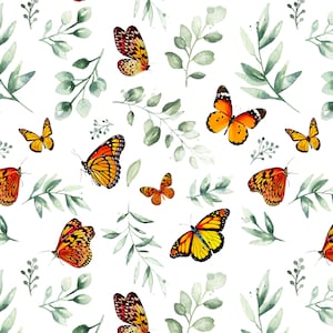 Monarch Butterflies and Greenery Fabric by the Yard. Quilting Cotton, Organic Knit, Jersey or Minky. Butterfly Fabric, Watercolor, Botanical