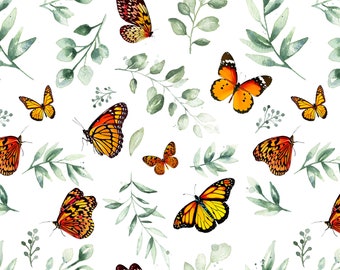 Monarch Butterflies and Greenery Fabric by the Yard. Quilting Cotton, Organic Knit, Jersey or Minky. Butterfly Fabric, Watercolor, Botanical