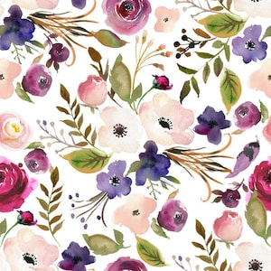 Wildflower Fabric - Peach, Pink and Lavender Watercolor Florals - Quilting Cotton, Poplin, Knit, Jersey, Minky, Fleece Fabric by the Yard