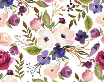 May include: A seamless pattern featuring watercolor illustrations of pink, purple, and white flowers with green leaves on a white background.