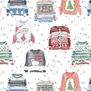 May include: Watercolor pattern of various Christmas sweaters on a white background with black polka dots. The sweaters feature festive designs like Santa Claus, Christmas trees, reindeer, and the text "Happy New Year" and "Merry Ho Ho Ho".