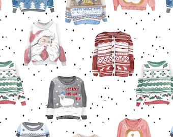 Ugly Christmas Sweaters Fabric by the Yard. Quilting Cotton, Knit, Jersey or Minky. Santa Holidays Winter Red and Green Xmas Funny Holiday
