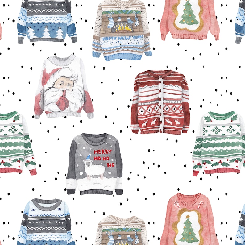 May include: Watercolor pattern of various Christmas sweaters on a white background with black polka dots. The sweaters feature festive designs like Santa Claus, Christmas trees, reindeer, and the text "Happy New Year" and "Merry Ho Ho Ho".