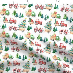 May include: White fabric with a repeating pattern of red tractors, green trucks, Christmas trees, and gift boxes. The watercolor design features a festive holiday theme, with a mix of evergreen trees and decorative elements.