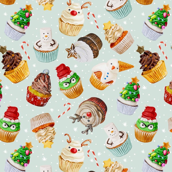 Christmas Cupcakes Fabric by the Yard. Quilting Cotton, Organic Knit, Jersey or Minky. Snowmen, Xmas, Holidays, Baby, Kids, Reindeer, Tree