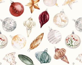 Christmas Ornaments Fabric, Cotton, Sateen, Poplin, Knit, Minky, Fleece, Home Decor Fabric by the Yard. Holiday, Retro, Vintage, Tree