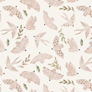 Swallow Bird Flight Fabric in Quilting Cotton, Poplin, Organic Knit, Minky, Fleece, Home Decor, Upholstery. Minimalist, Cute Birds, Neutral