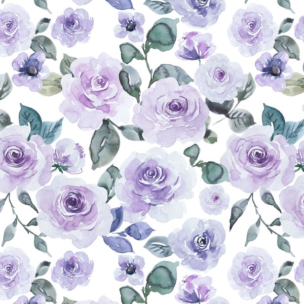 Purple Watercolor Floral Fabric, Quilting Cotton, Knit, Minky, Canvas Fabric by the Yard. Girl Nursery, Lavender