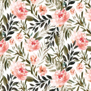 Pink Coral Floral Fabric by the Yard. Quilting Cotton, Sateen, Poplin, Organic Knit, Minky. Watercolor Florals, Greenery, Leaves, Peonies