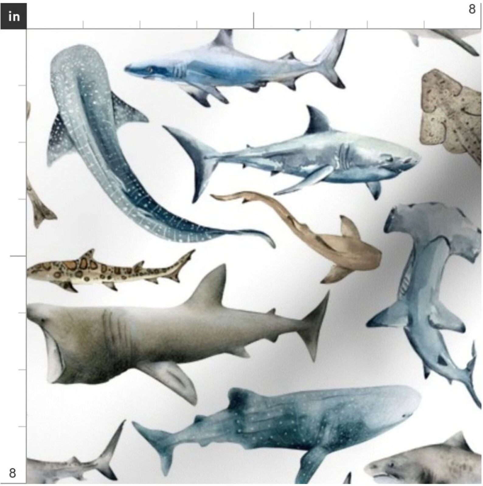 Shark Material Watercolor Sharks Fabric by the Yard. Quilting Cotton, Knit, Jersey or ...