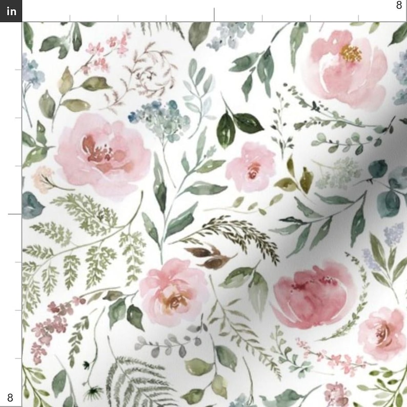 May include: Watercolor floral fabric featuring pink roses, green leaves, and delicate sprigs on a white background. The design includes various floral elements, creating a soft, romantic pattern. The fabric is 8 inches wide.