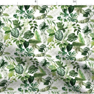 May include: A seamless pattern featuring a variety of green tropical leaves on a white background. The leaves are drawn in a watercolor style and include monstera, palm, and fern leaves.