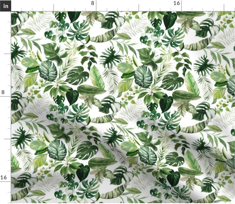 May include: A seamless pattern featuring a variety of green tropical leaves on a white background. The leaves are drawn in a watercolor style and include monstera, palm, and fern leaves.