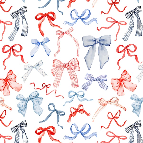 Red, White and Blue Bows Fabric by the Yard. Cute 4th of July, Americana, Coquette, Hair Bow. Quilting Cotton, Knit, Jersey, Minky.