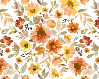 Sunflowers Fabric by the Yard. Quilting Cotton, Organic Knit, Jersey or Minky. Sunflower Floral Watercolor, Orange, Botanical, Boho