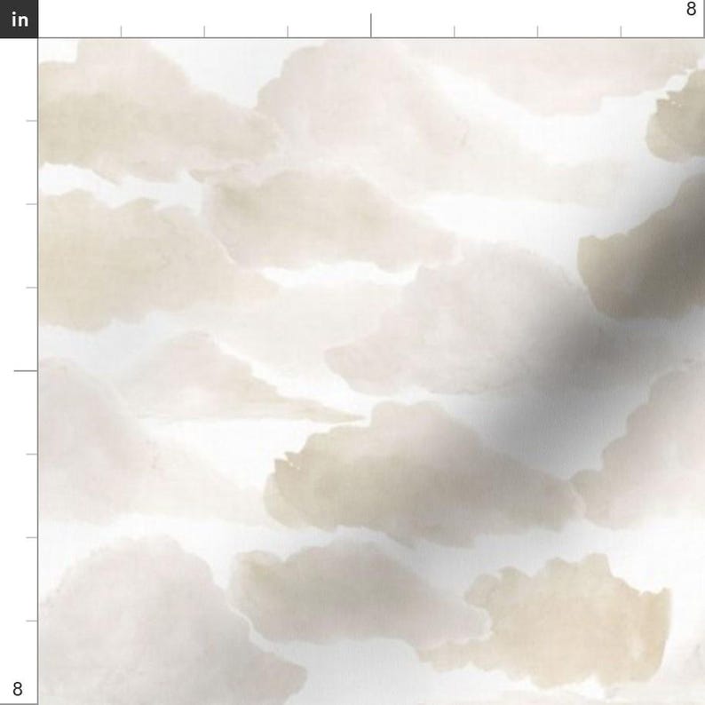 May include: Watercolor cloud pattern in shades of beige and white. The design features soft, overlapping cloud shapes, creating a dreamy and artistic aesthetic. The fabric measures 8 inches by 8 inches.