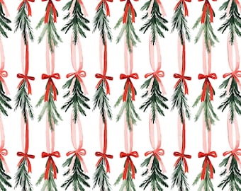May include: A repeating pattern on a white background featuring watercolor illustrations of green pine sprigs hanging from thin, vertical ribbons in alternating shades of bright red and soft pastel pink, each tied with a small bow.