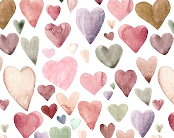 Jewel Tone Hearts Fabric by the Yard. Quilting Cotton, Sateen, Organic Knit, Jersey, Minky or Fleece. Watercolor Heart Fabric