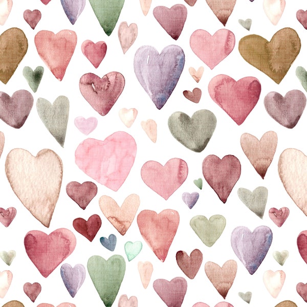 Jewel Tone Hearts Fabric by the Yard. Quilting Cotton, Sateen, Organic Knit, Jersey, Minky or Fleece. Watercolor Heart Fabric