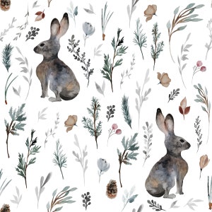Woodland Bunnies Fabric by the Yard. Quilting Cotton, Knit, Jersey, Minky. Bunny, Rabbits, Girl Spring Fabric, Rabbit, Easter Fabric, Floral