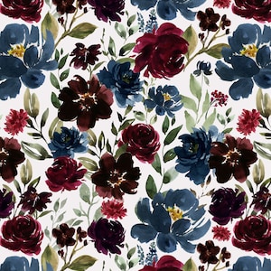 Peony Floral Fabric by the Yard. Quilting Cotton, Organic Knit, Jersey or Minky. Watercolor Florals, Fall, Burgundy, Navy, Botanical