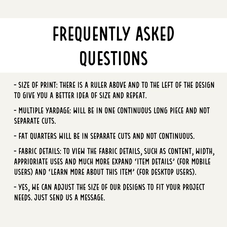 K&ouml;nnte beinhalten: Eine wei&szlig;e Infografik mit schwarzem Text unter dem Titel FREQUENTLY ASKED QUESTIONS. Sie erl&auml;utert Druckgr&ouml;&szlig;en mit Linealen, die Kontinuit&auml;t der Stoffl&auml;ngen, Fat-Quarter-Zuschnitte, Stoffdetails und die M&ouml;glichkeit zur individuellen Gr&ouml;&szlig;enanpassung.