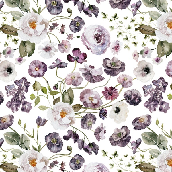 Wildflower Poppy Fabric - Watercolor Lavender and Plum Poppies,  Cottagecore - Quilting Cotton, Minky, Fleece, Upholstery Fabric by the Yard