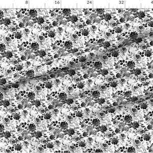 May include: Black and white floral fabric with a repeating pattern of roses and leaves. The fabric has a soft, watercolor-like effect.