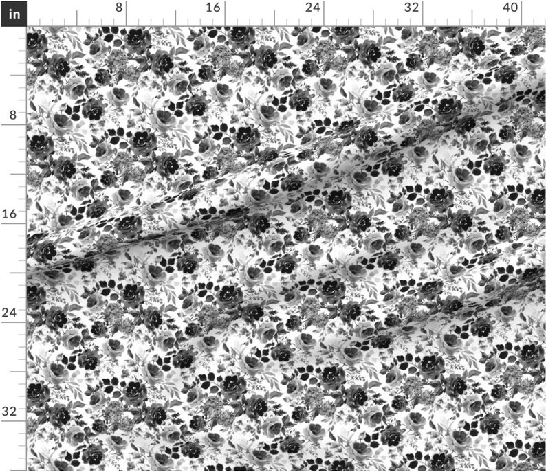May include: Black and white floral fabric with a repeating pattern of roses and leaves. The fabric has a soft, watercolor-like effect.