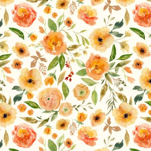 Orange Blossom Florals Fabric by the Yard. Quilting Cotton, Organic Knit, Jersey or Minky. Watercolor Floral, Botanical, Flowers