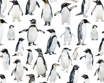 Cute Penguin Fabric by the Yard. Quilting Cotton, Sateen, Knit, Jersey or Minky. Christmas, Watercolor Penguins, Winter, Bird