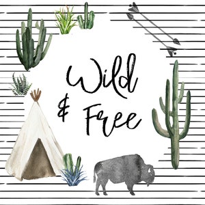 Wild and Free Southwest Desert Quilting Fabric by the Yard. Cotton Fabric, Baby Blanket, Boy Nursery, Woodland, Buffalo, Teepee, Cactus