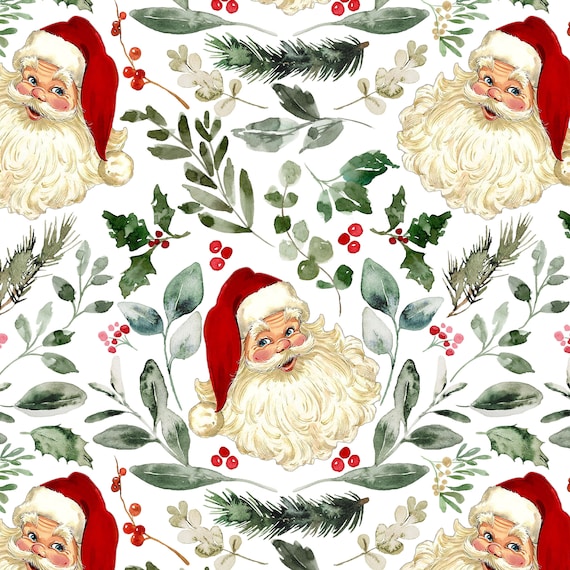 Retro Santa Fabric - Christmas Fabric by the Yard - Vintage Christmas Damask Style Pattern