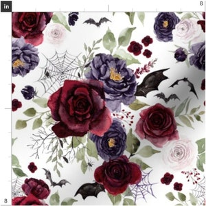 Halloween Floral Fabric by the Yard. Spooky, Botanical, Spider Webs, Spiders, Bats, Flower Fabric, Fall. Quilt Cotton, Minky, Knit, Jersey image 2